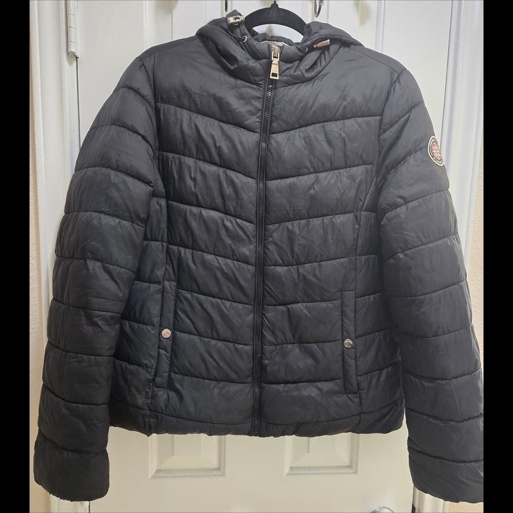 Madden NYC Black Quilted Hooded Puffer Jacket Women's Size L EUC